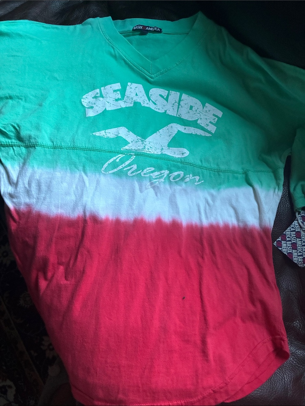 Seaside Oregon Tie-Dye V-Neck Tee - Green, White & Red